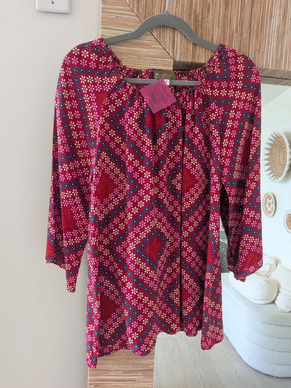 Antoine Et Lili (French Brand) 100% Silk Red Geometric Floral Peasant Top NWT